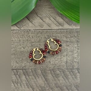 Elegant Gold and Red Beaded Hoop Earrings
